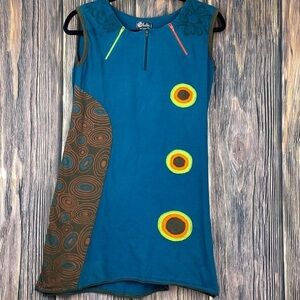 Fuchhi 💯 Cotton Blue Tunic With Zippers & Circular Print Details- Size Med